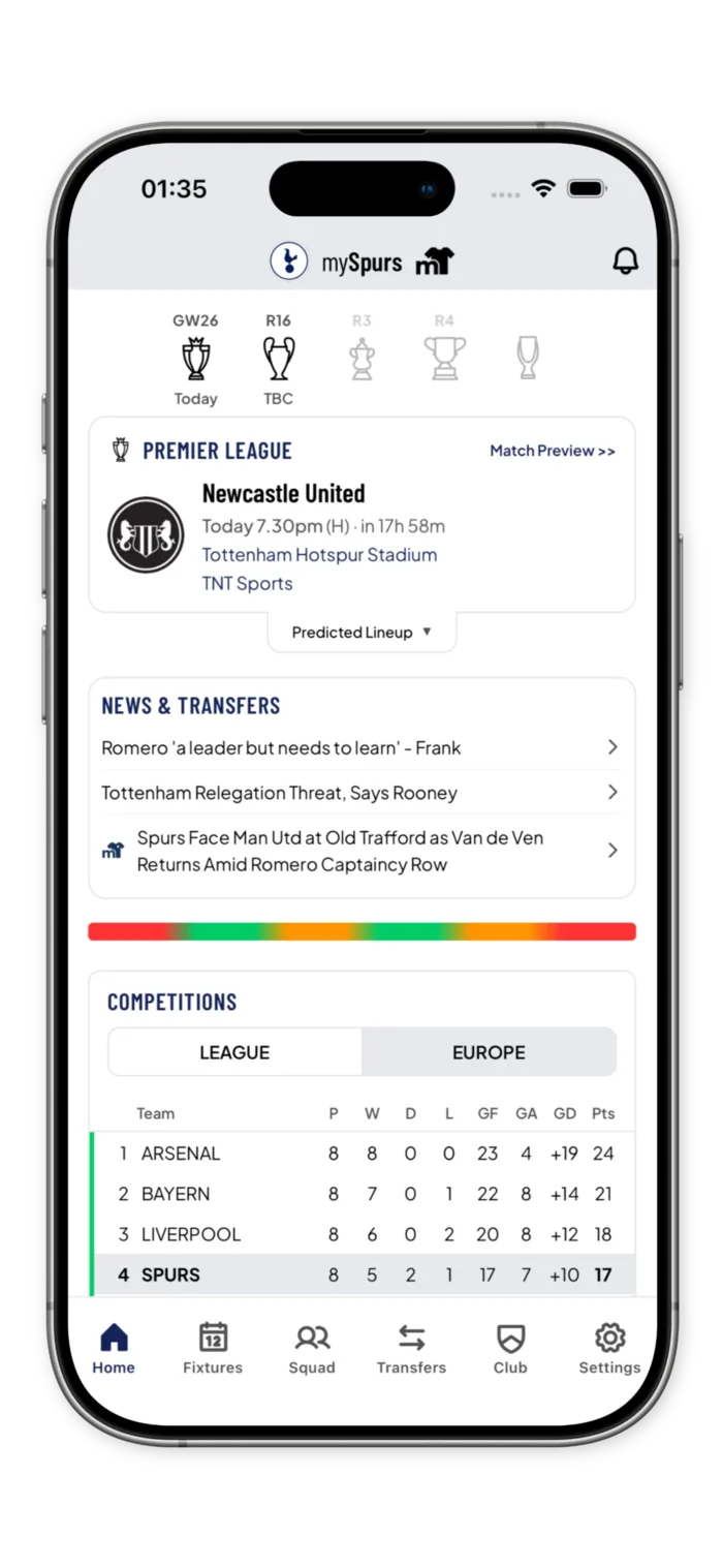 myTeam app showing Spurs home screen with fixtures, news, transfers, and league table