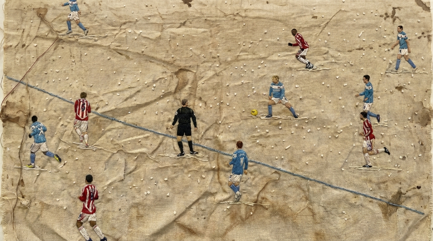 Bayeux Tapestry style embroidery of a Premier League match on a snow-covered pitch