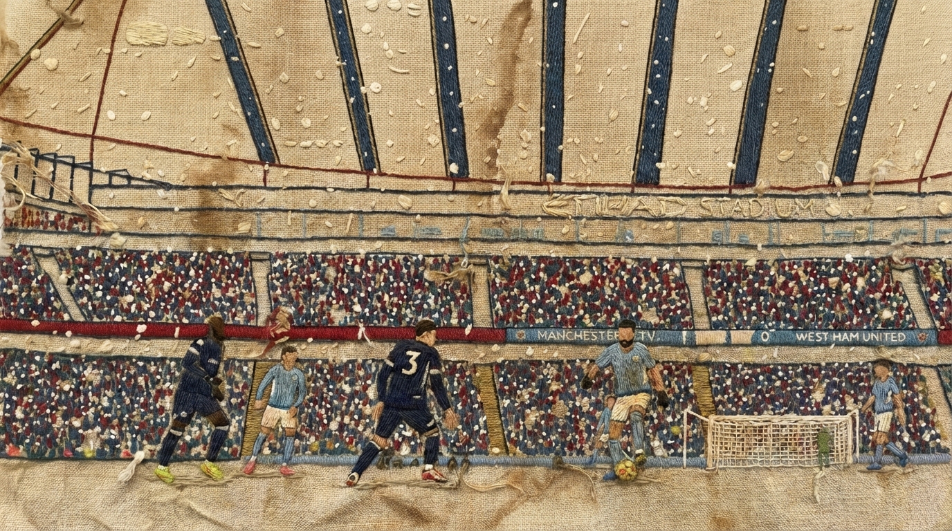 Bayeux Tapestry style embroidery of Manchester City vs West Ham at the Etihad Stadium in snow