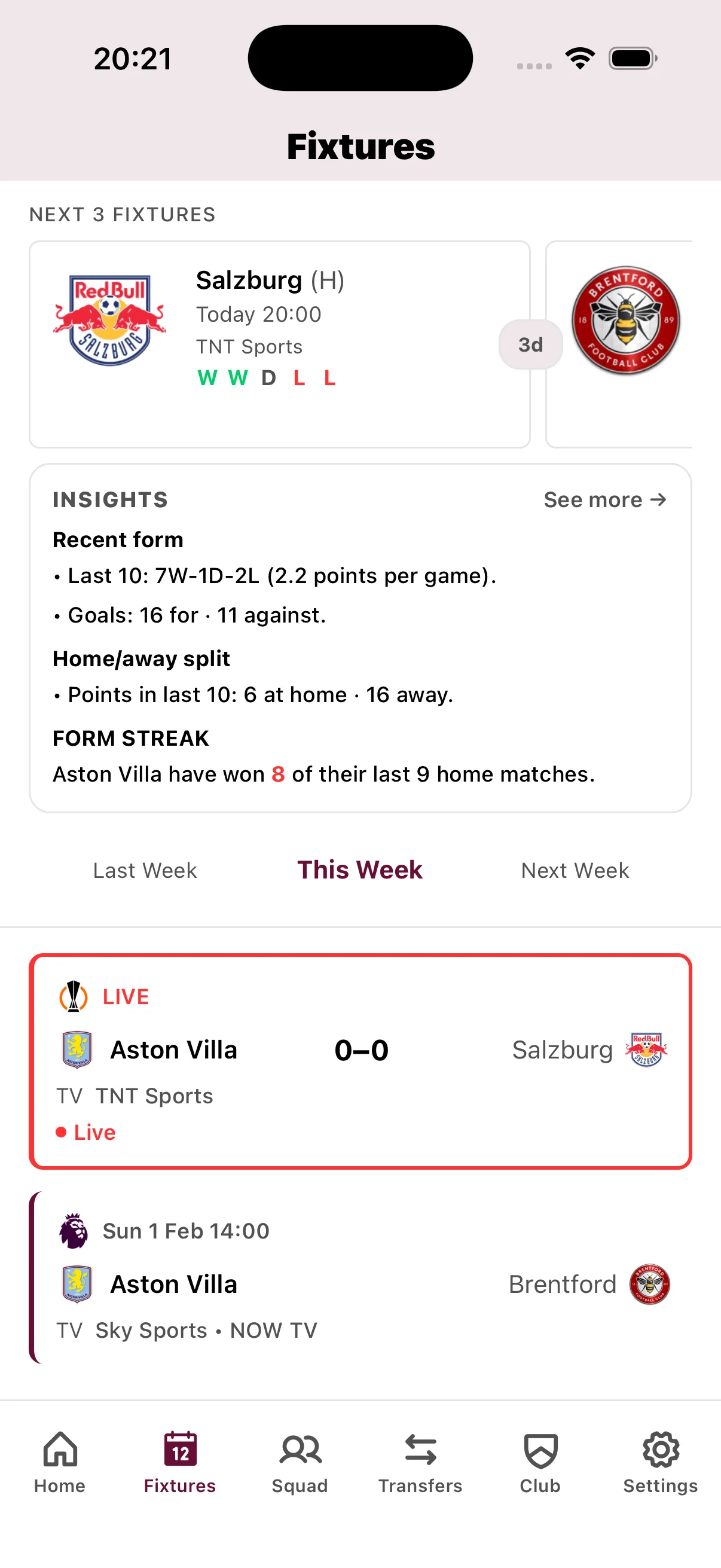 Aston Villa fixture calendar showing Premier League matches, kickoff times, and TV broadcast schedules