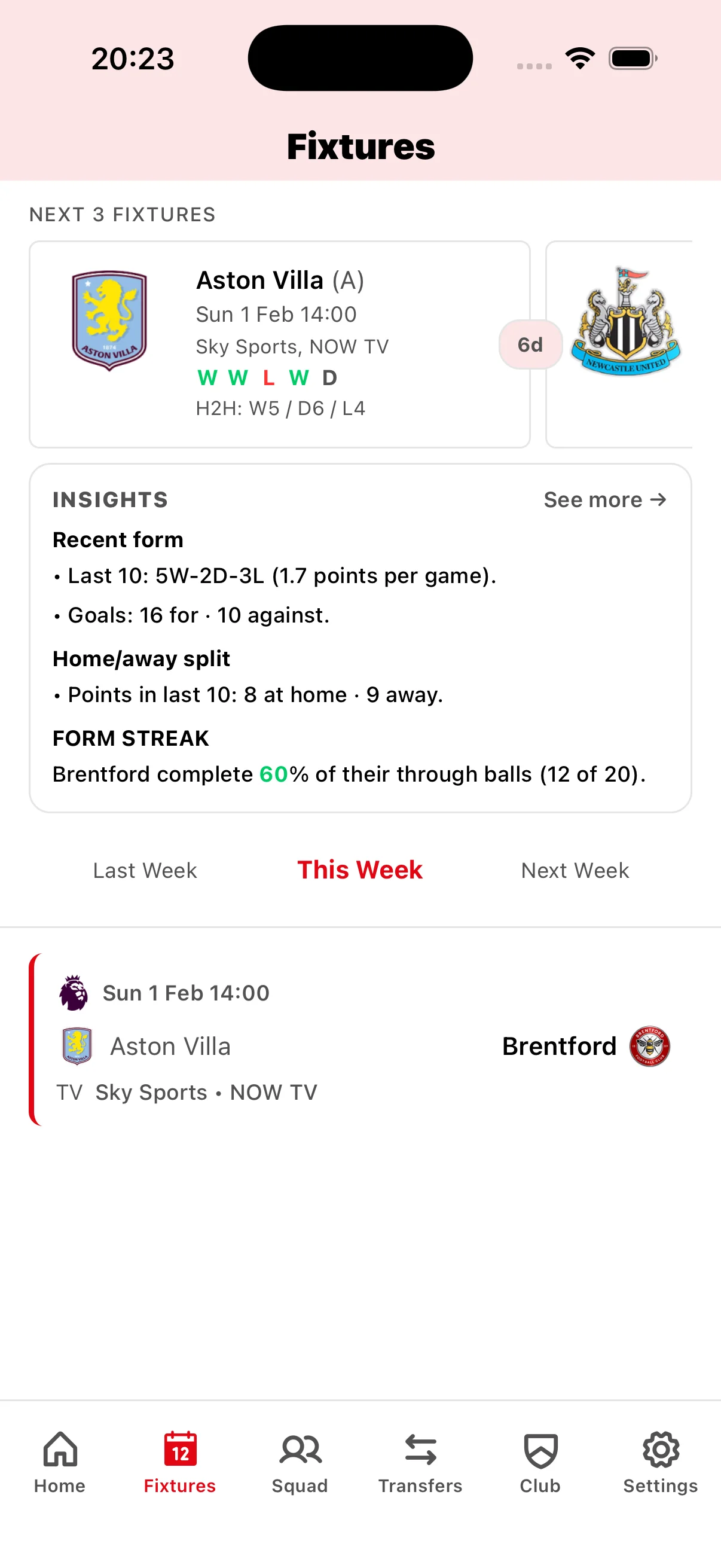 Brentford fixture calendar showing Premier League matches, kickoff times, and TV broadcast schedules