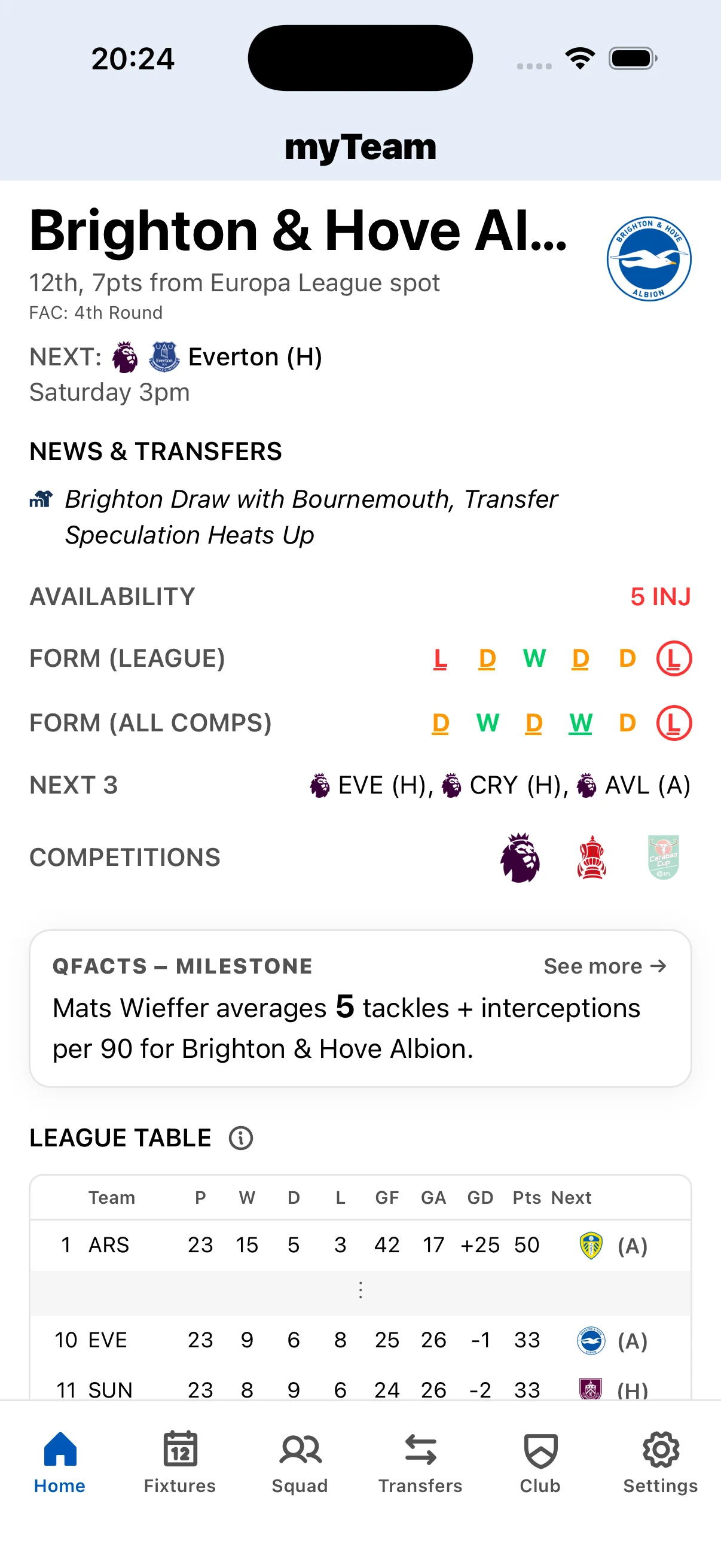 myTeam app Brighton & Hove Albion home screen with live scores, upcoming fixtures, squad news, and transfer updates