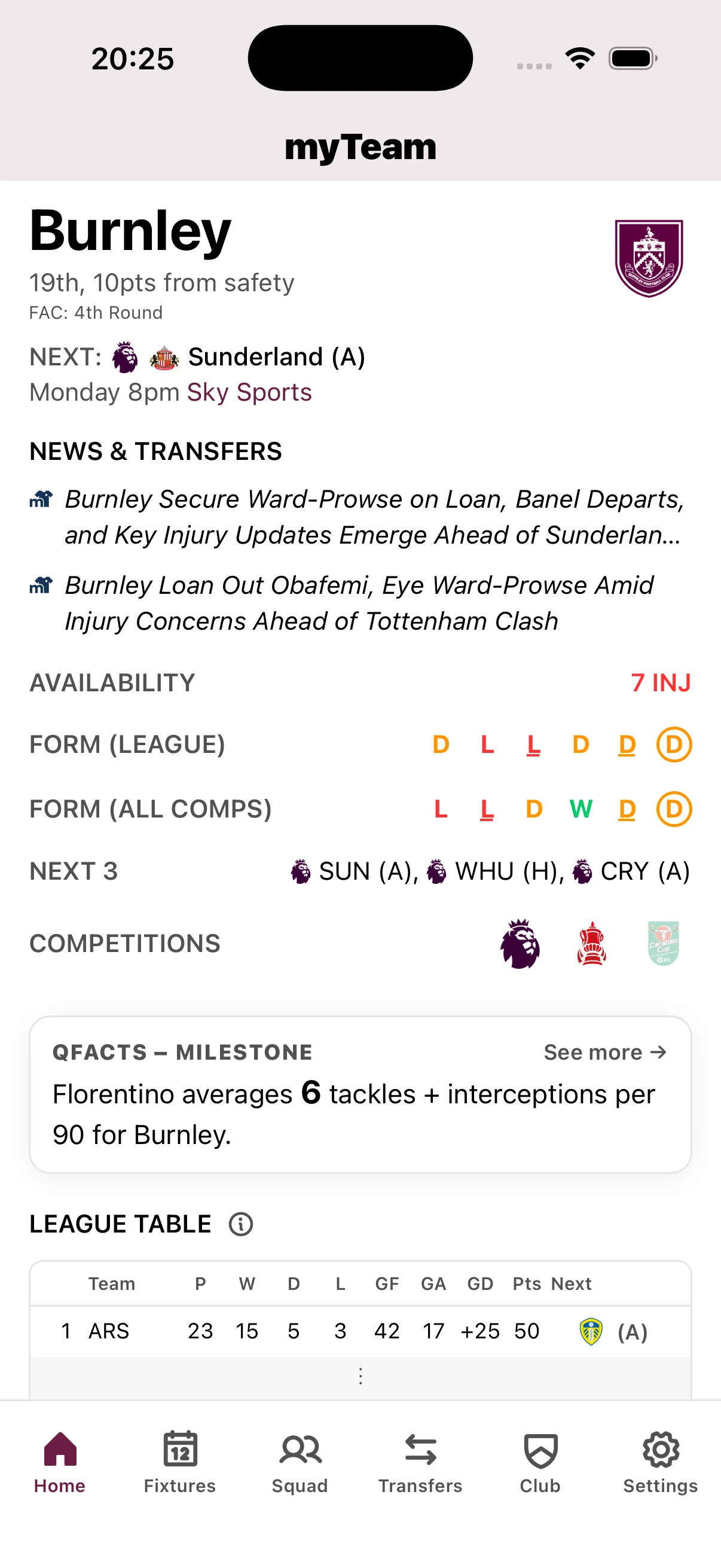 myTeam app Burnley home screen with live scores, upcoming fixtures, squad news, and transfer updates