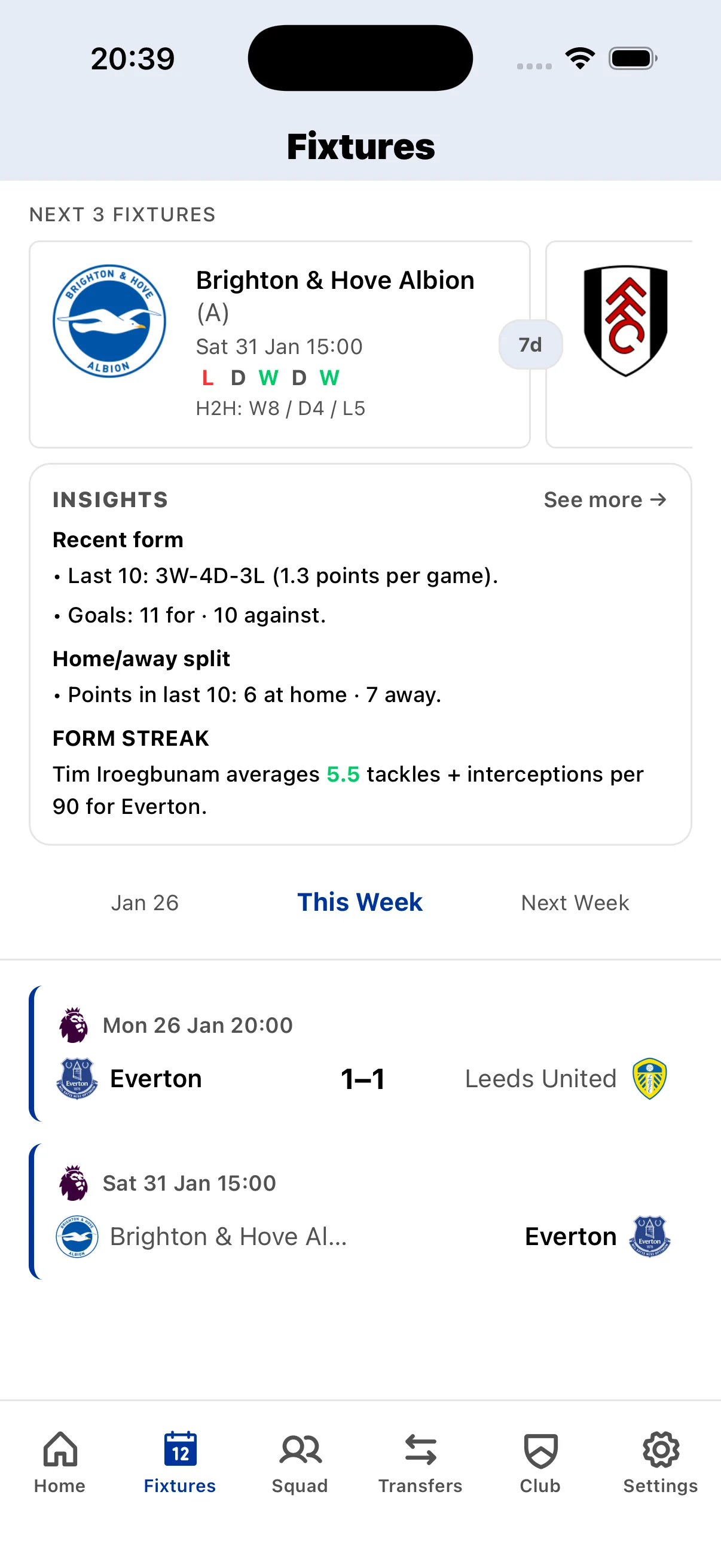 Everton fixture calendar showing Premier League matches, kickoff times, and TV broadcast schedules