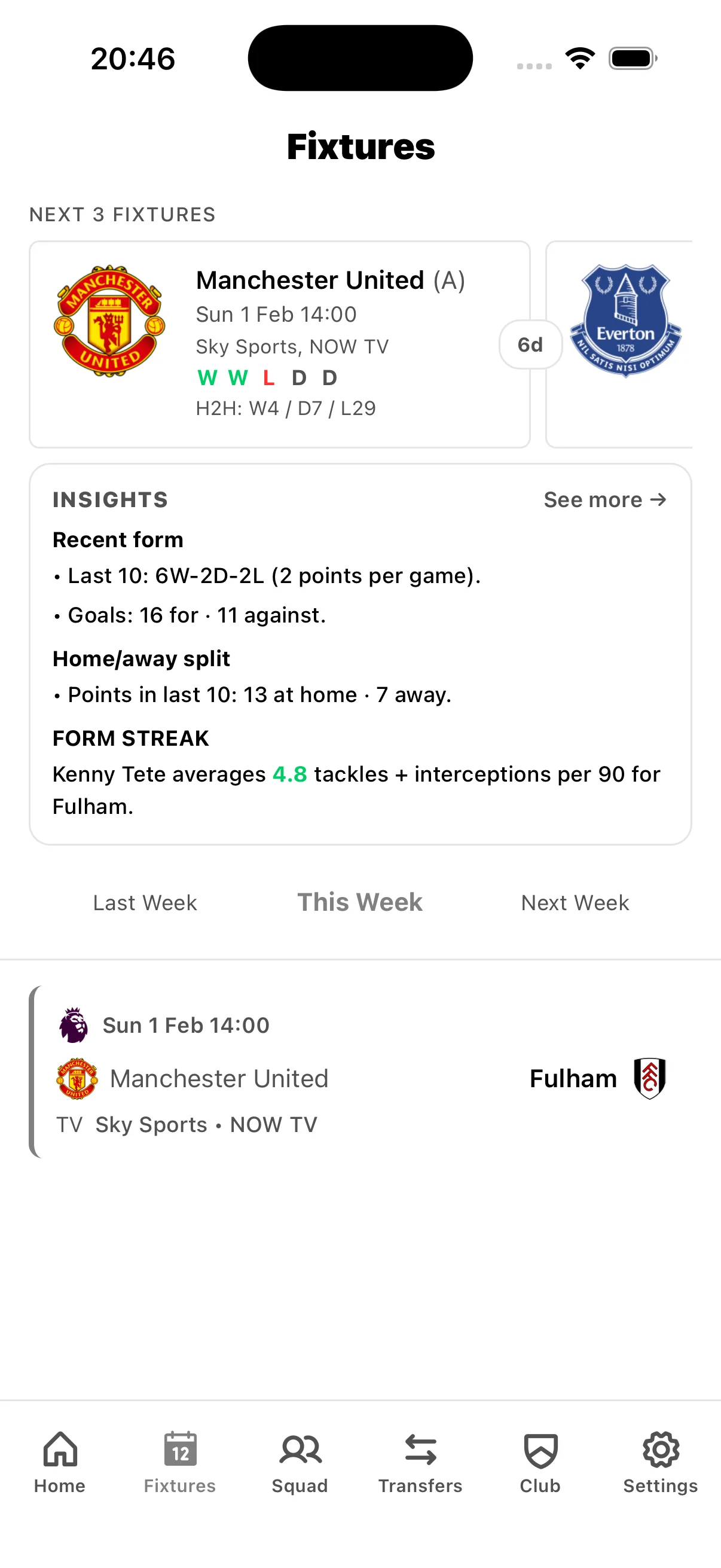 Fulham fixture calendar showing Premier League matches, kickoff times, and TV broadcast schedules