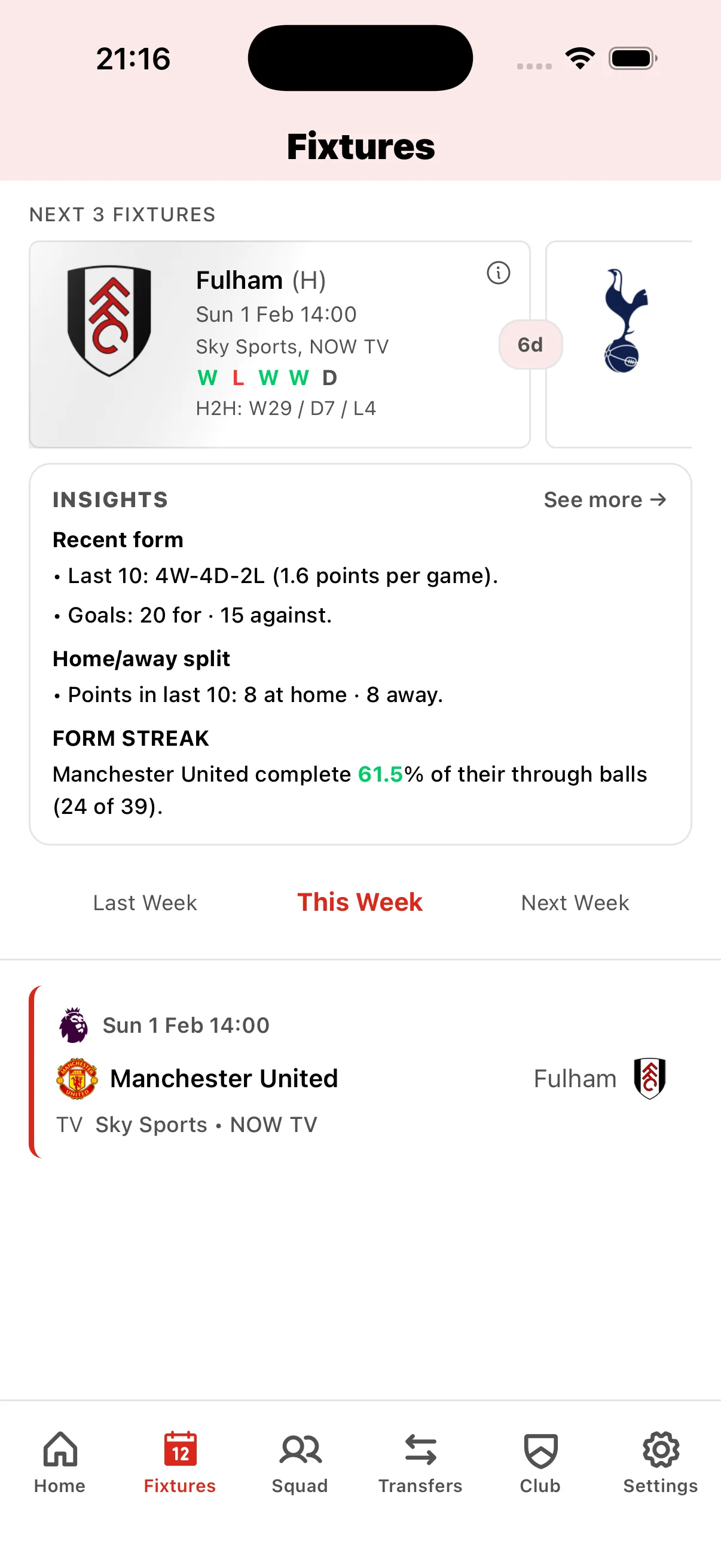 Manchester United fixture calendar showing Premier League matches, kickoff times, and TV broadcast schedules