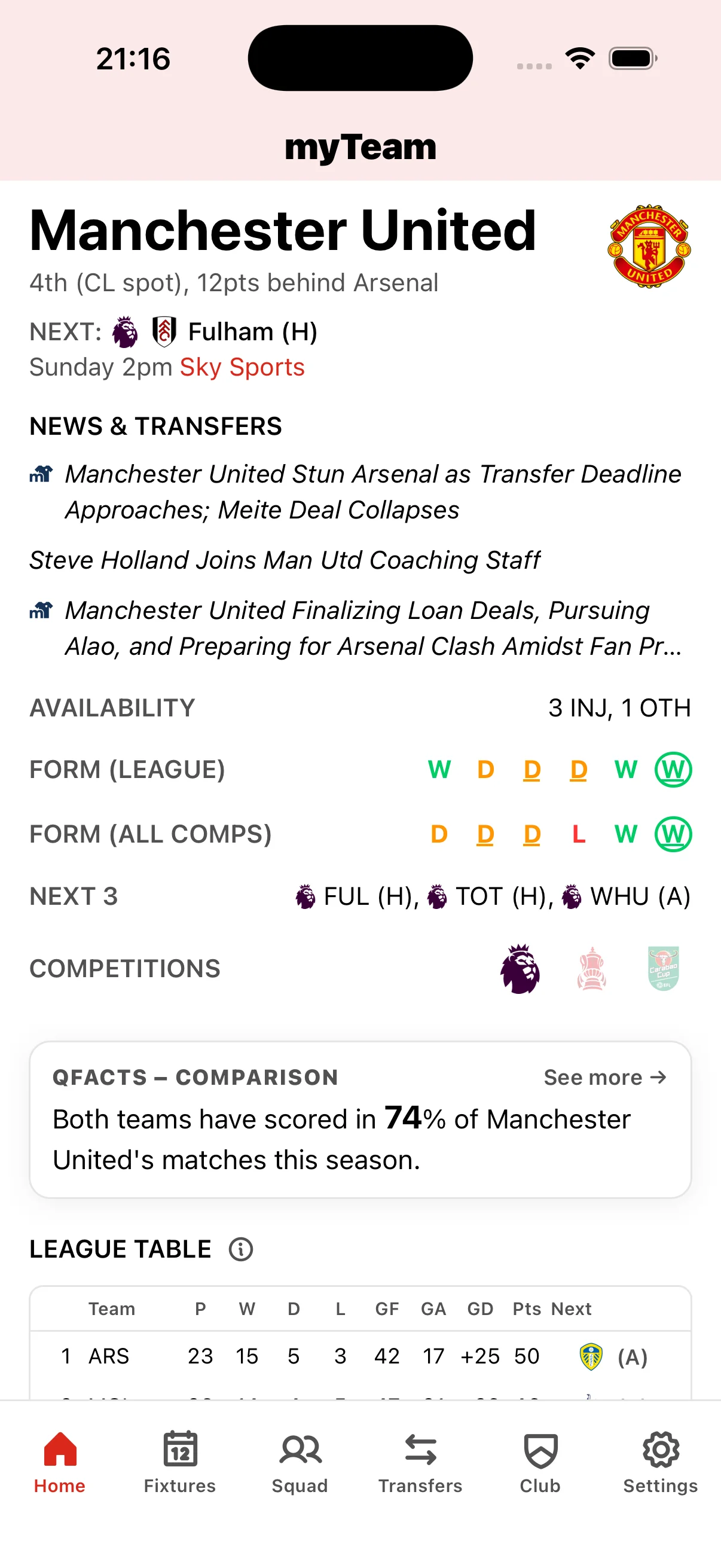 myTeam app Manchester United home screen with live scores, upcoming fixtures, squad news, and transfer updates