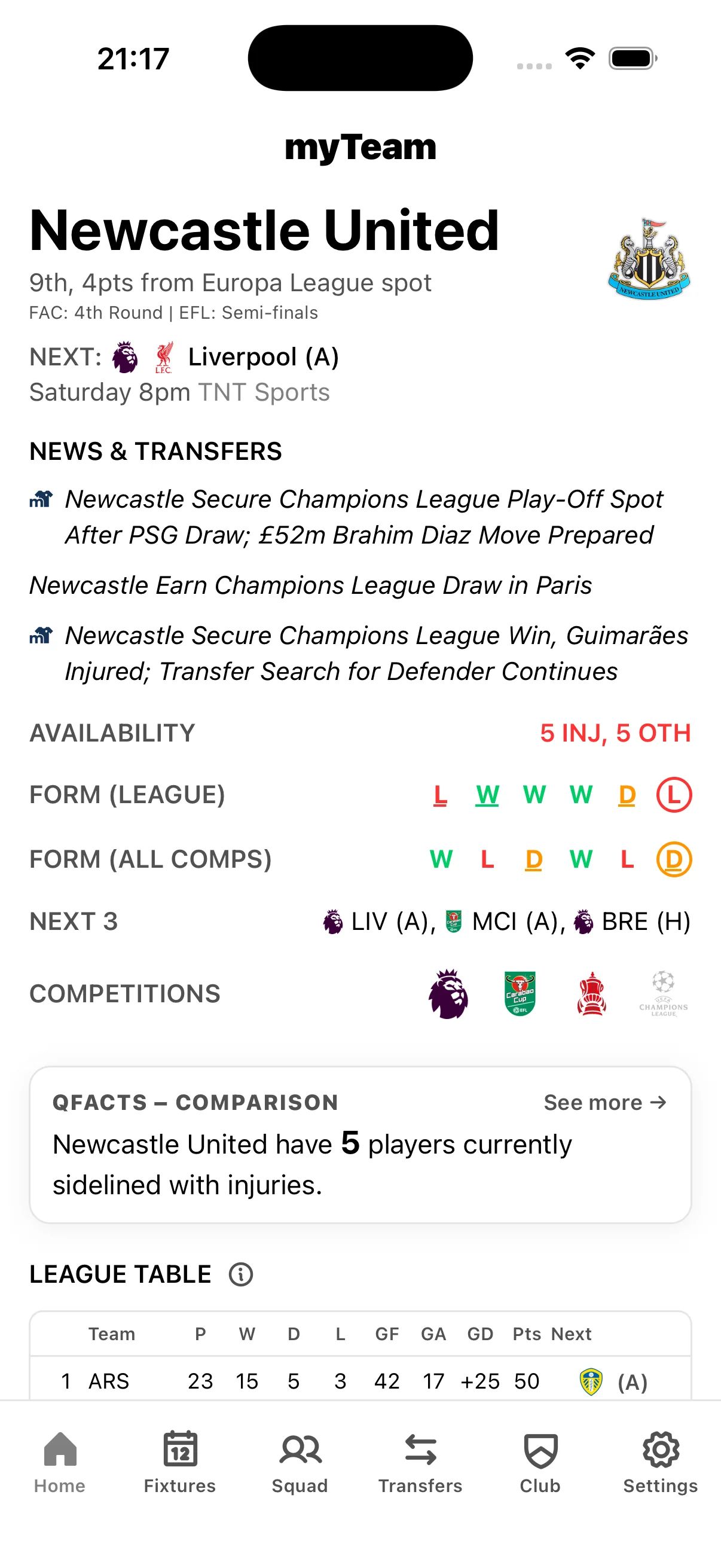 myTeam app Newcastle United home screen with live scores, upcoming fixtures, squad news, and transfer updates