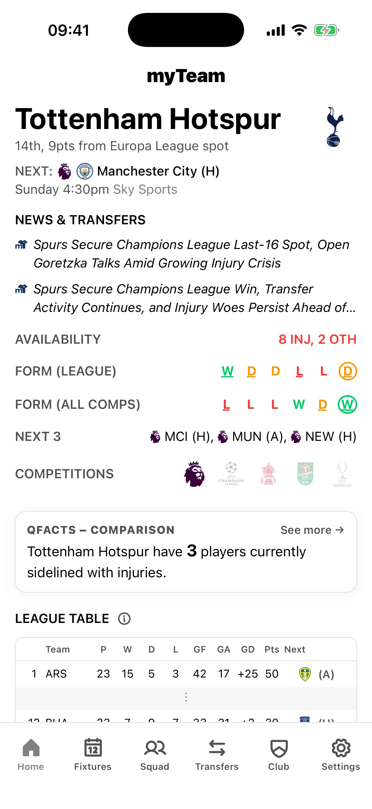 myTeam app Tottenham Hotspur home screen with live scores, upcoming fixtures, squad news, and transfer updates