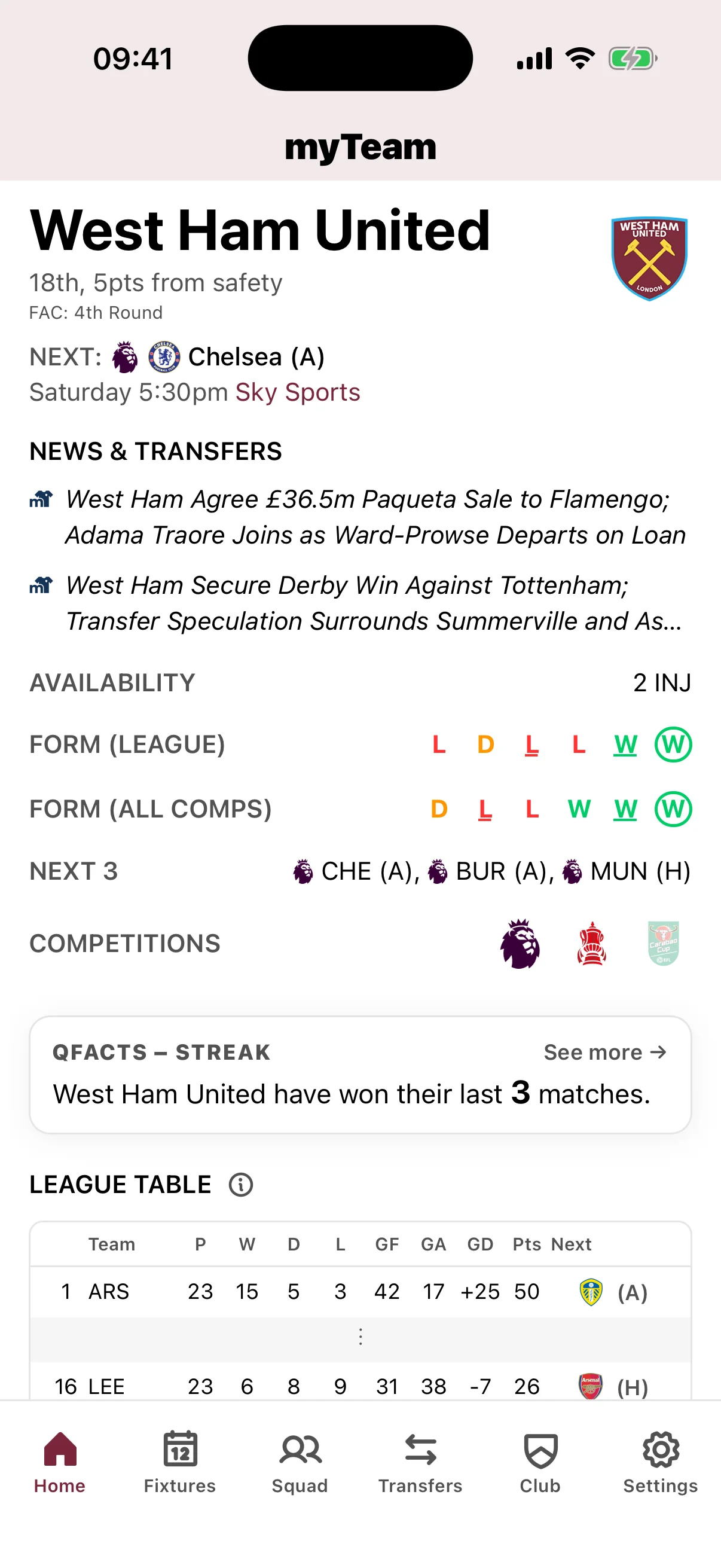myTeam app West Ham United home screen with live scores, upcoming fixtures, squad news, and transfer updates