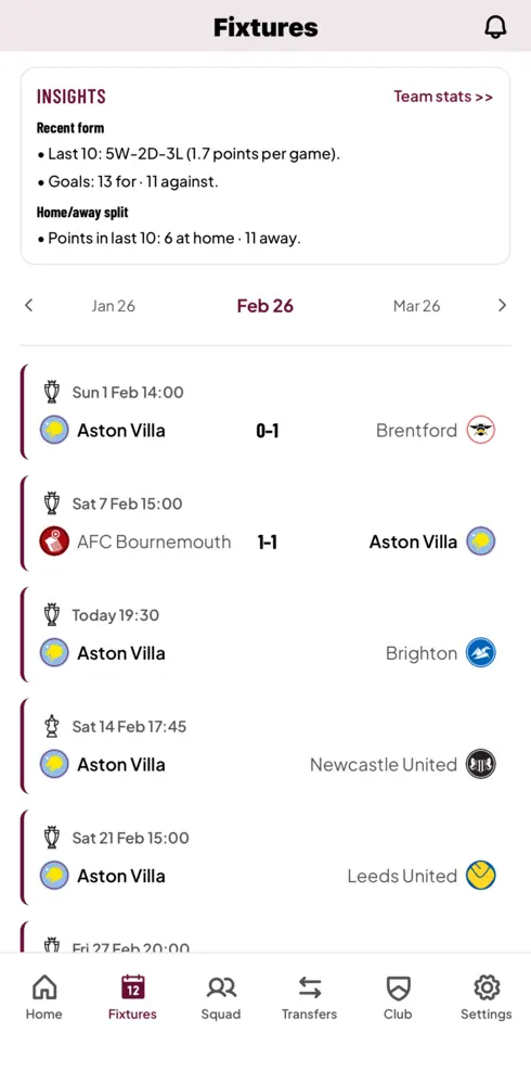 Premier League fixtures calendar showing upcoming matches, kickoff times, and TV broadcast information